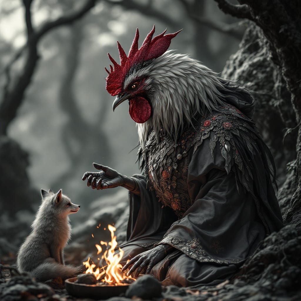 Monochrome Fantasy Portrait with Vivid Accent