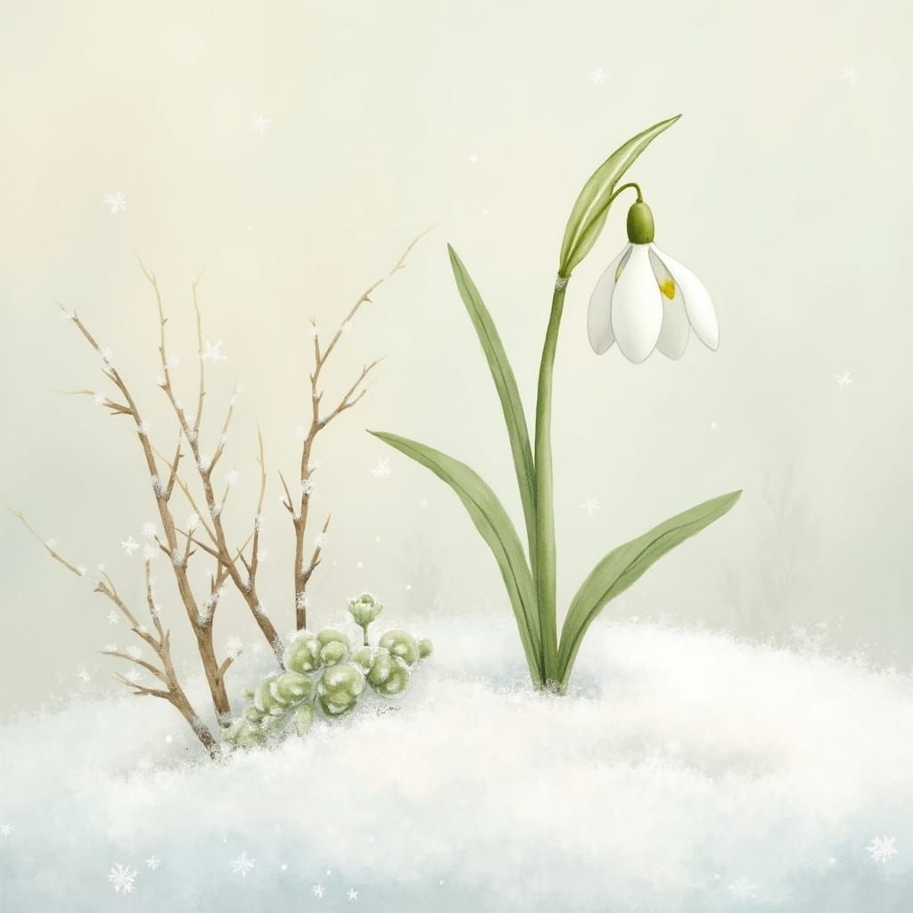 Whimsical Snowdrop in Serene Winter Wonderland
