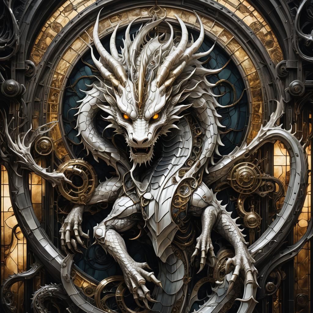Biomechanical Chinese Dragon in Giger Stained Glass Style