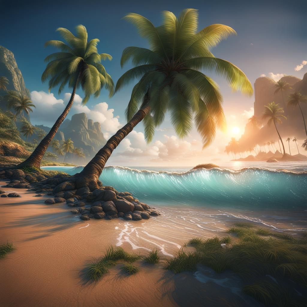 Tropical Beach Coconut Palm in Detailed Digital Painting
