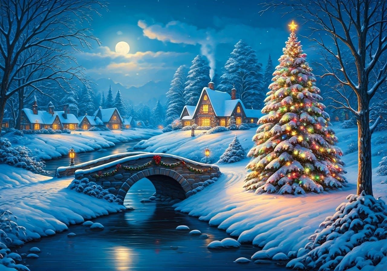 Winter Wonderland Scene with Snowy Village and Christmas Tre...