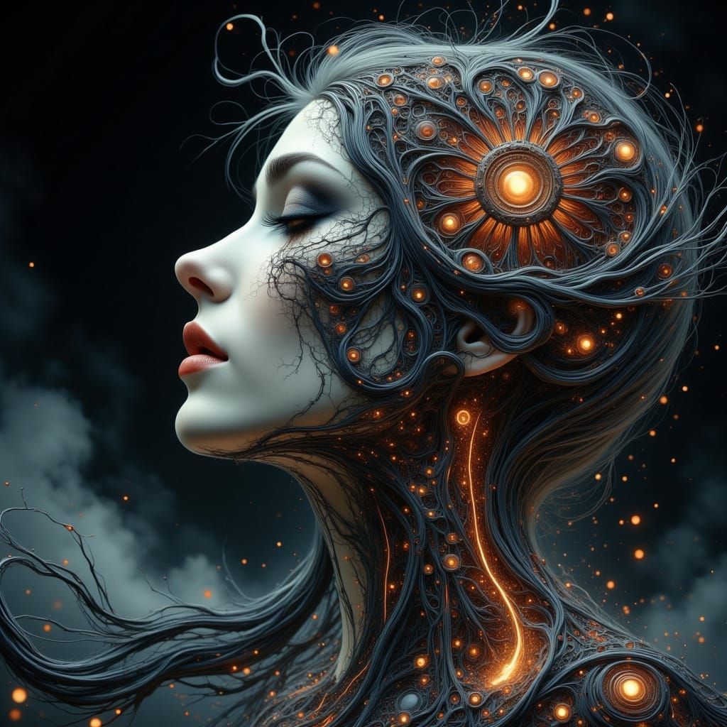 Shattered Woman with Neural Connections in Digital Art