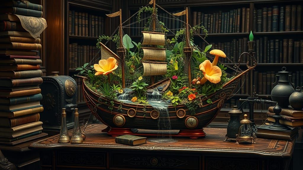 Self-Sustaining Ecosystem Inside Vintage Ship, Art Nouveau