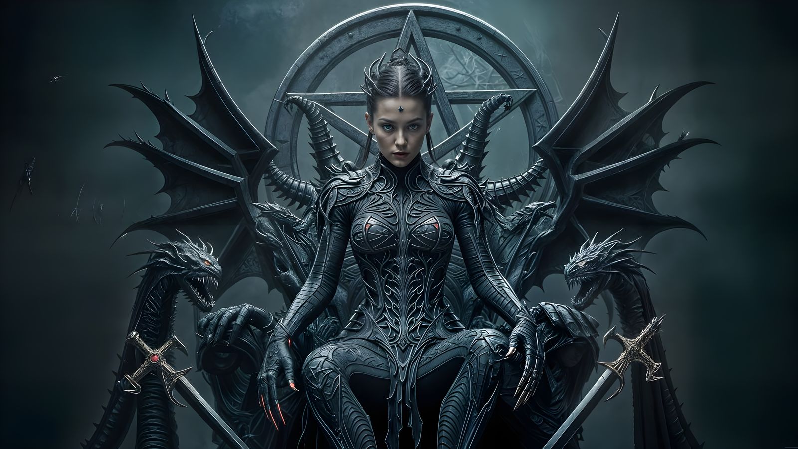 Woman on Sword Throne with Dragons in Horror Style