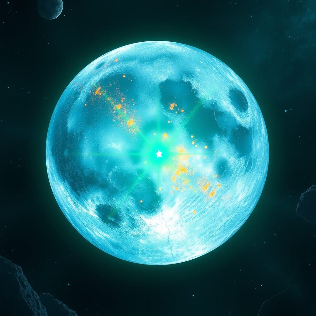Ethereal Ice Moon Illuminated by a Luminous Green Star in De...