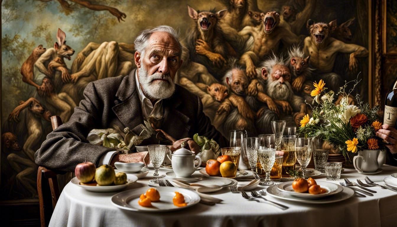 Surreal Restaurant Scene with Bizarre Creatures