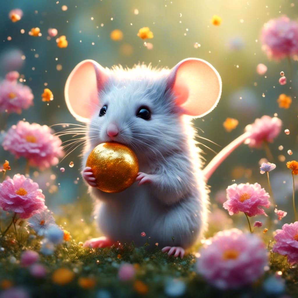 Cute Mouse Playing Ball in Pastel Flower Garden