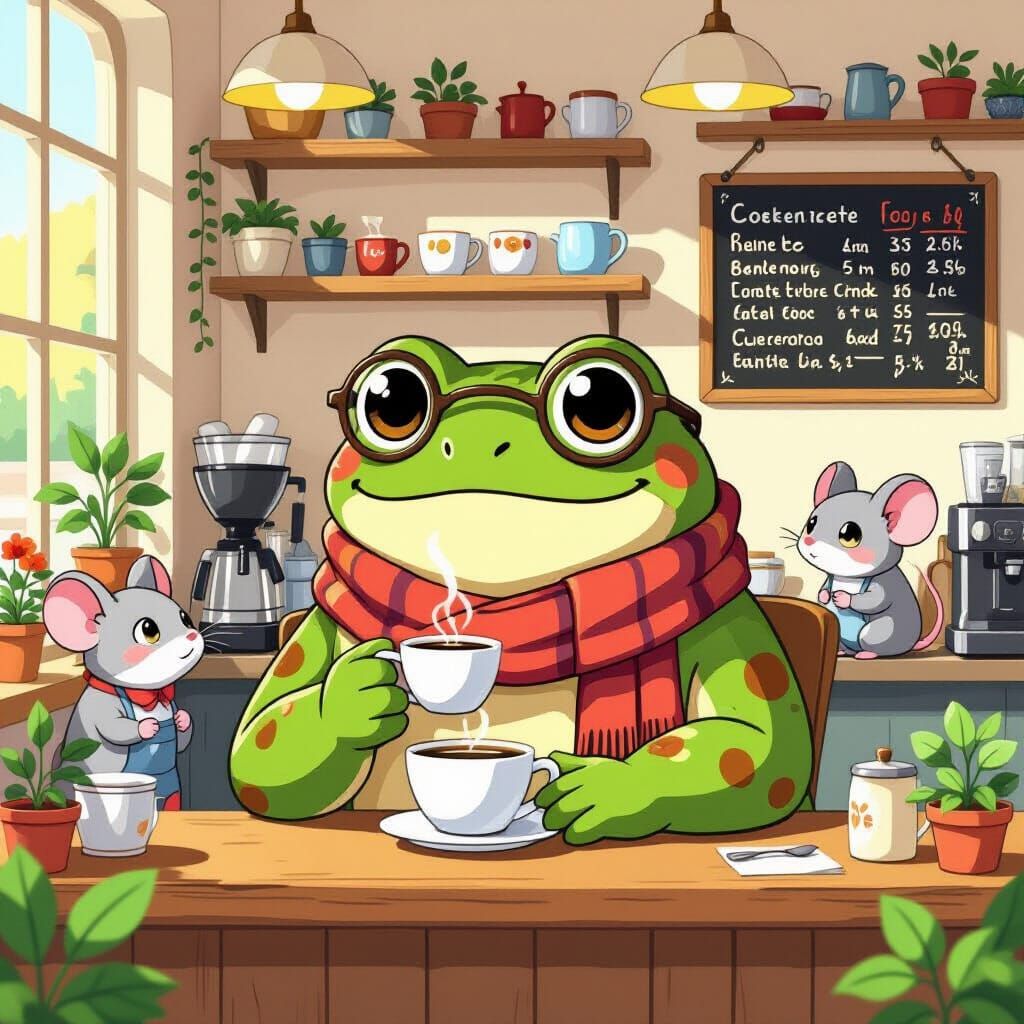 Giant Frog Sipping Espresso in Cozy Coffee Shop