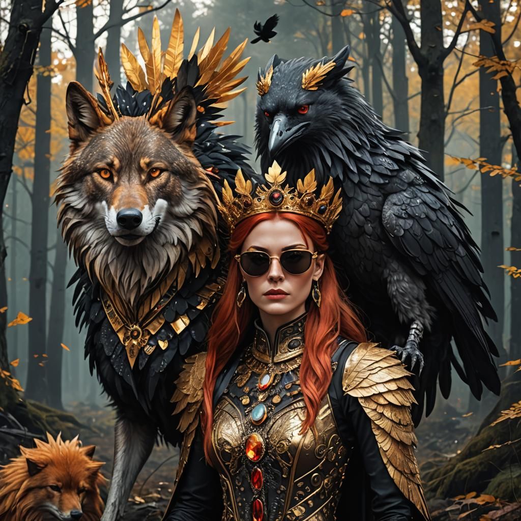 big grey wolf and slavic girl with thick straight red hair w...