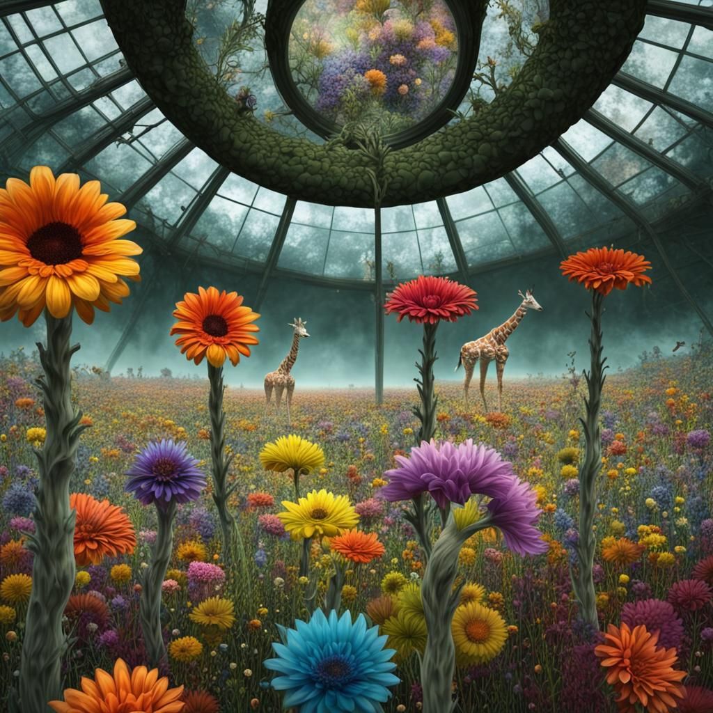 Surreal Field of Giant Flowers in Hypermaximalist Style