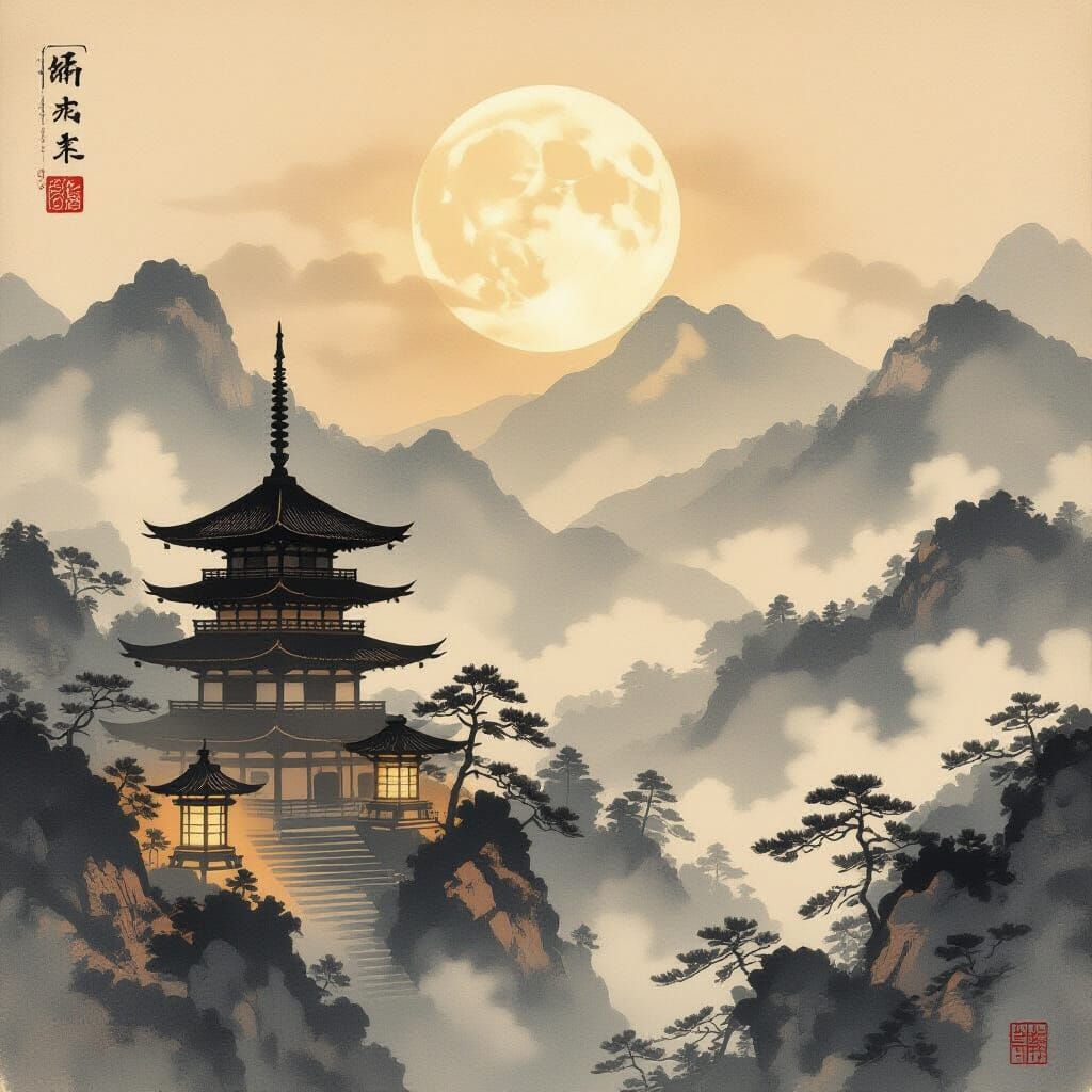 Ethereal Japanese Landscape in Edo-Period Print Style