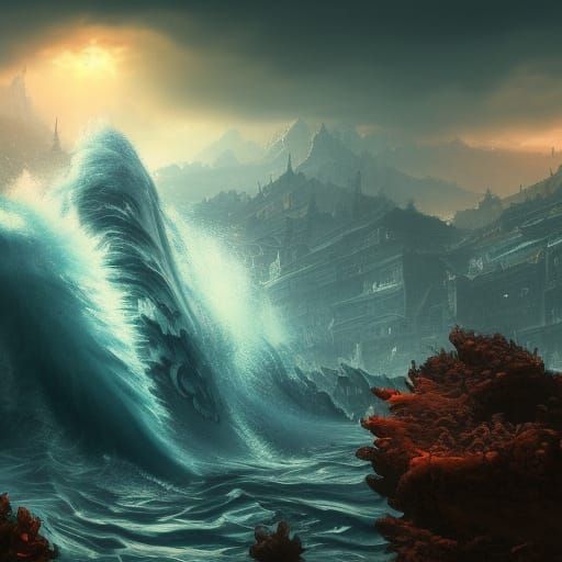 Epic Tsunami Wave in Detailed Fantasy Art