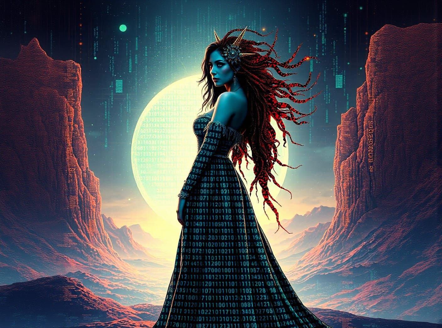 Digital Enchantress in Binary Gown Before Portal