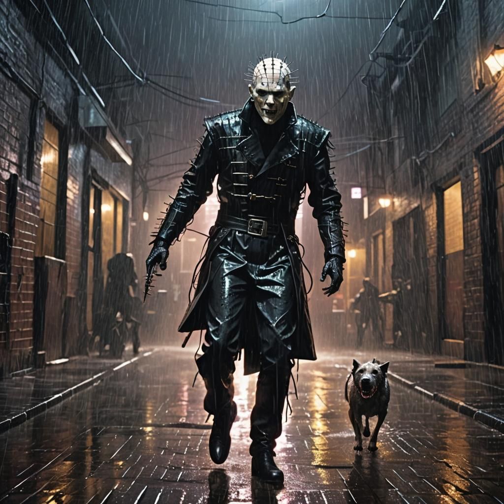 Realistic Pinhead, from the movie Hellraiser, in black leather Hellraiser clothing, chasing a realistic Hell Hound Down ...