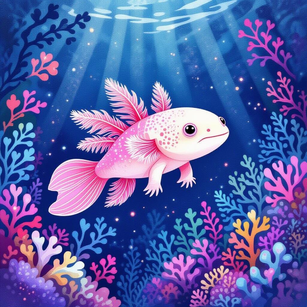 Bioluminescent Axolotl Swims Through Alien Coral Reef