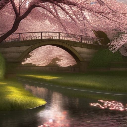 Cherry Blossoms Over Koi Pond: Hyperdetailed Concept Art