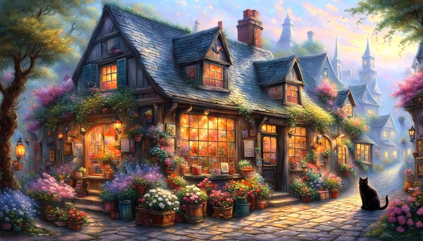 Charming Fantasy Bookshop With Flowers, Impasto Art