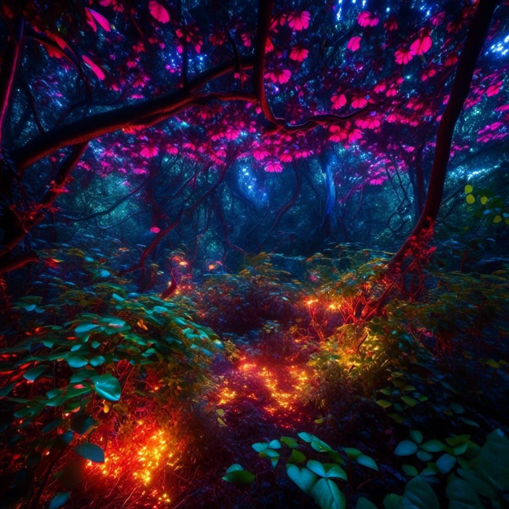 Neon-Lit Rainforest Canopy at Night