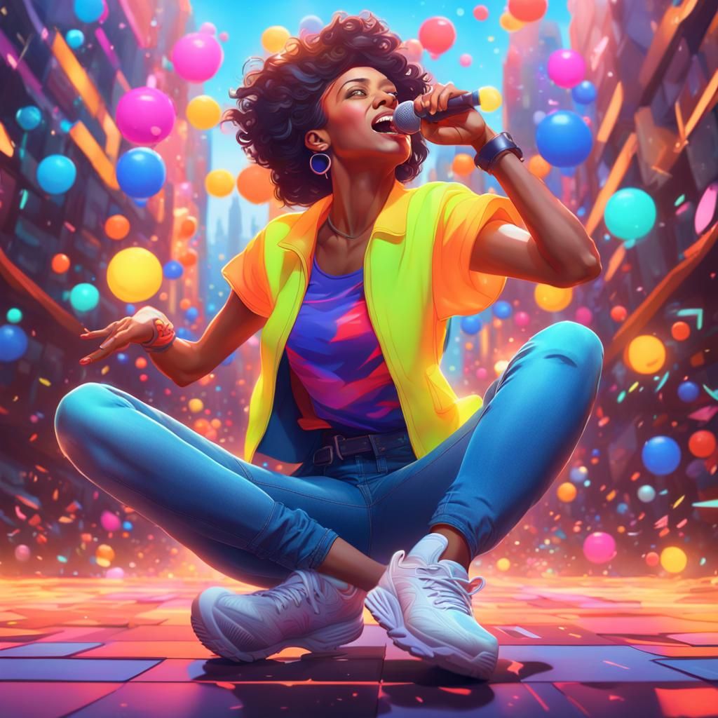 Cartoon Woman Singing in Dynamic Lighting