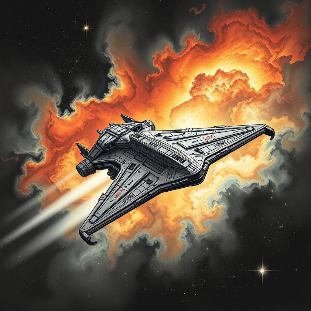 Majestic Spaceship Soars Through Nebula in Charcoal Style