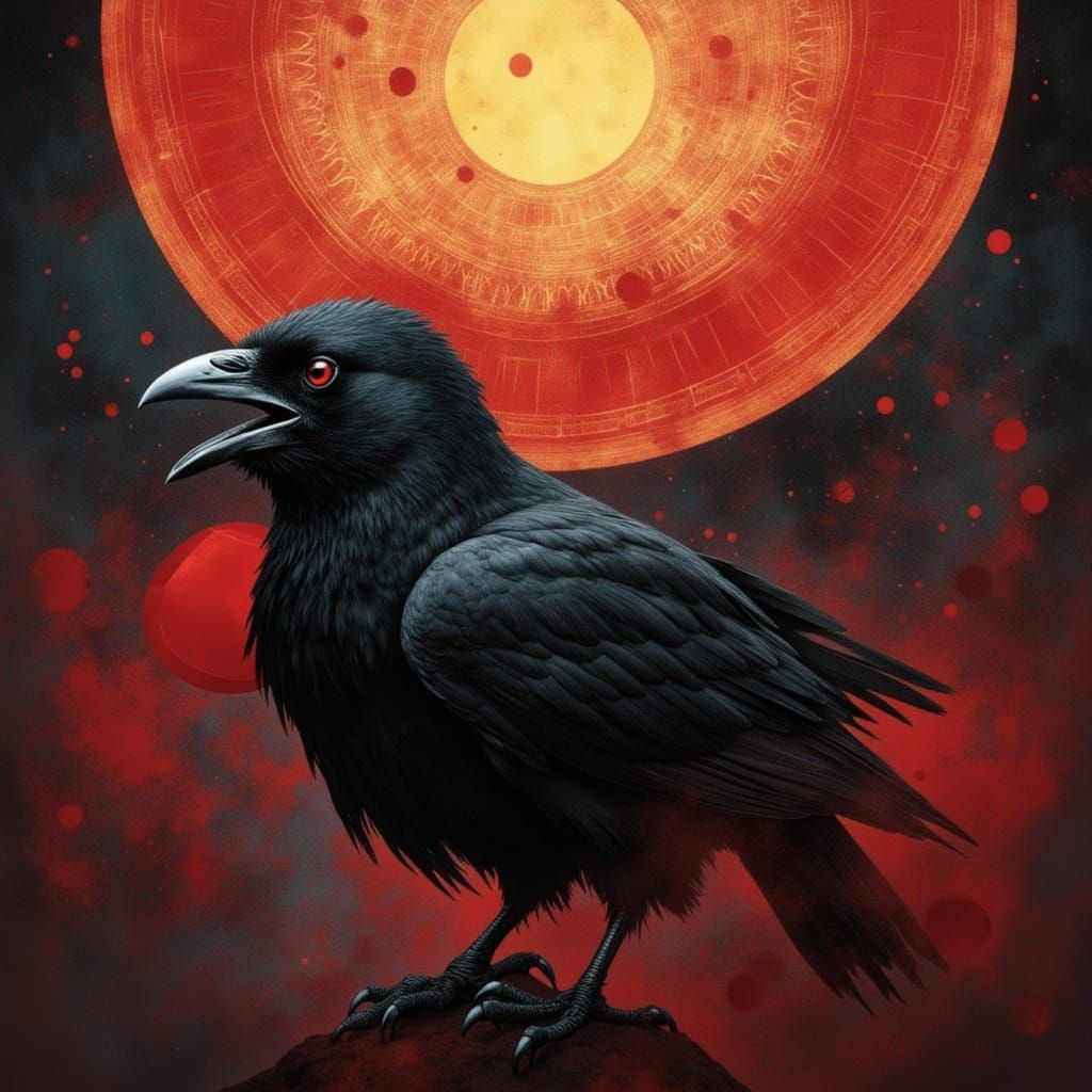 <lora:RAVENS SUN:1.0> <lora:Winza Rubies:1.0> <lora:Archetypal Images:1.0> A raven is holding a large Winza ruby inside ...