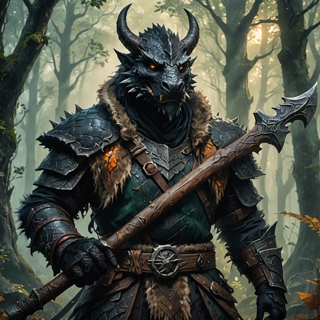 Black Dragonborn Barbarian in Misty Forest: Digital Art