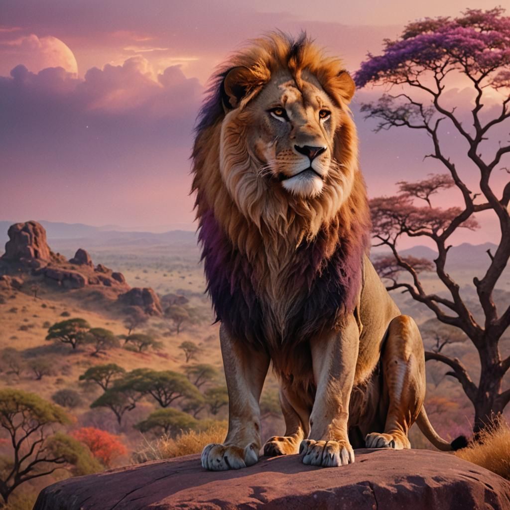 Lion King on Pride Rock in Ethereal Style