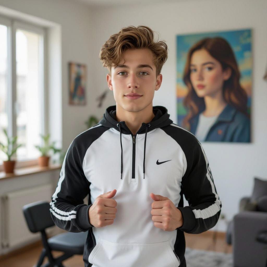 Young Man Exercising with Mural Art Nouveau