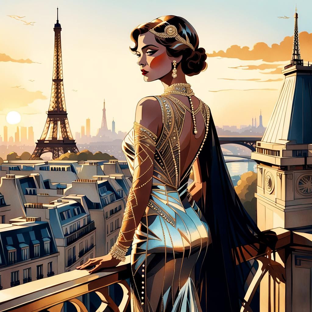 Art Deco Woman Overlooking Paris Skyline at Sunset