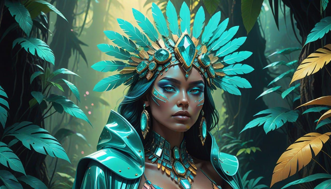 Surreal Amazonian Warrioress in Emerald Jungle, with Glitter...
