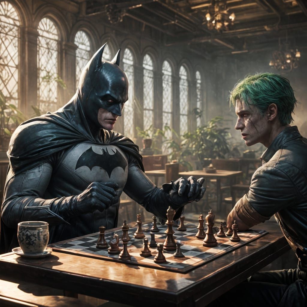 Batman and Joker Chess Match in Cafe