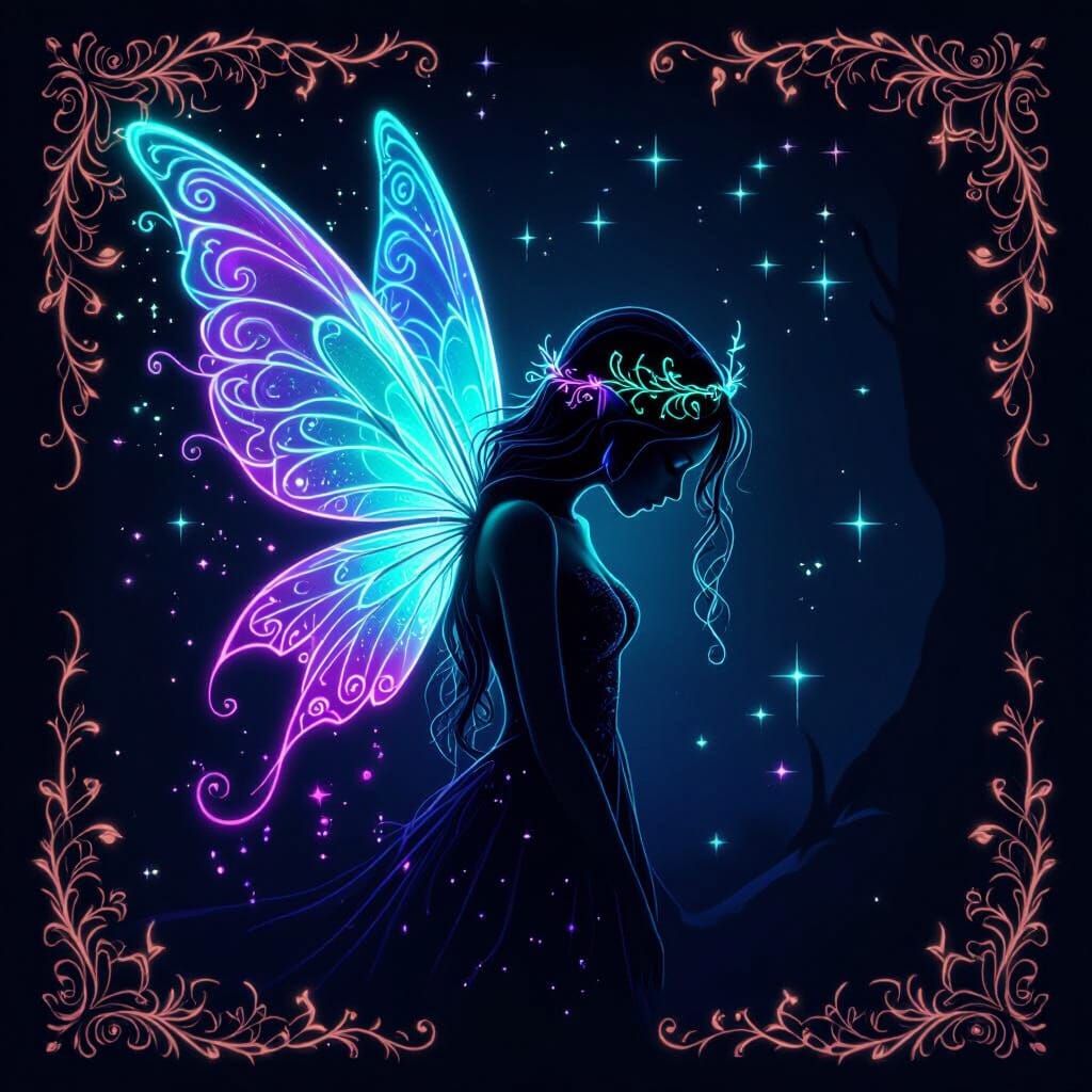 Neon Fairy Silhouette in Mystical Forest