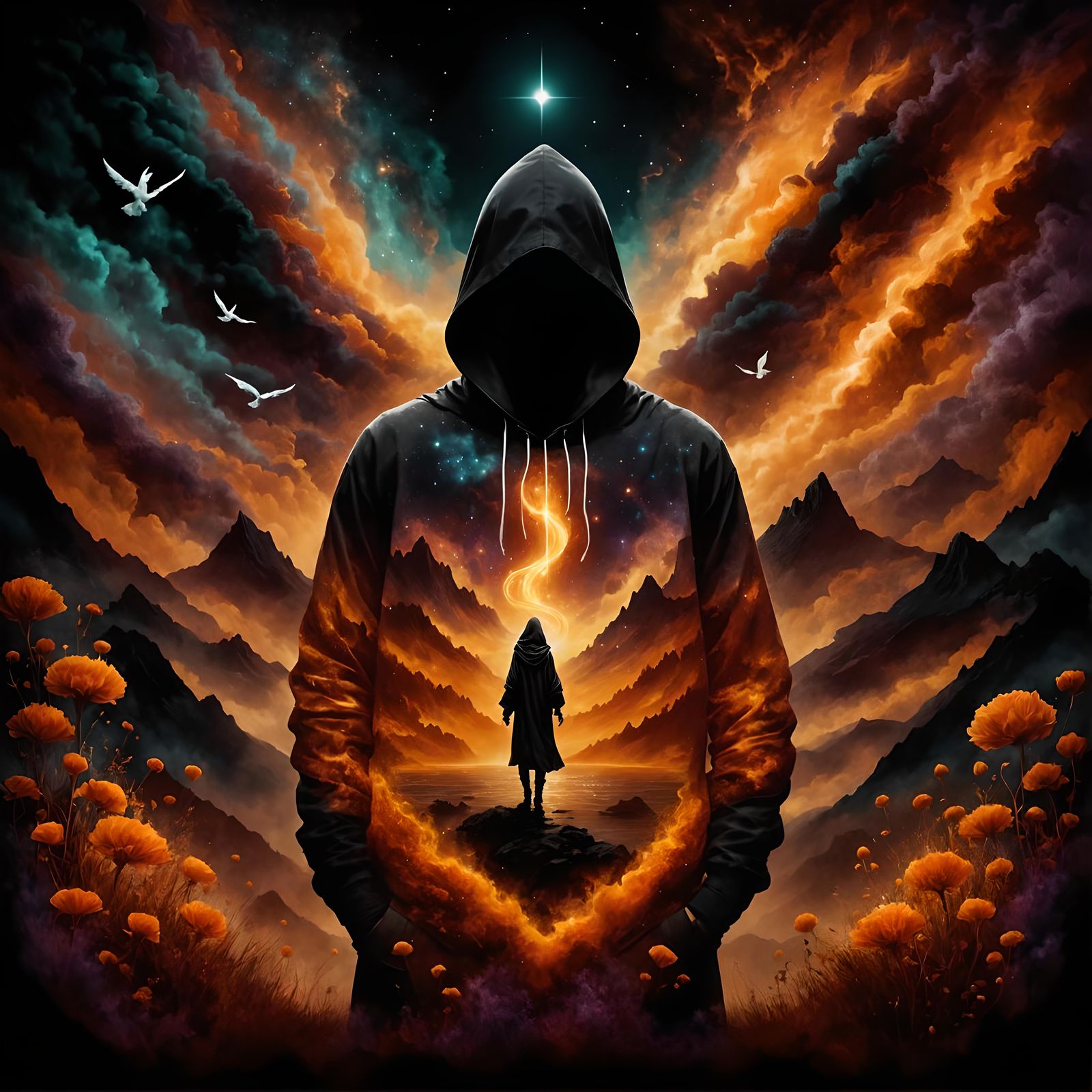 Mystical Figure in Dreamscape with Glowing Runes