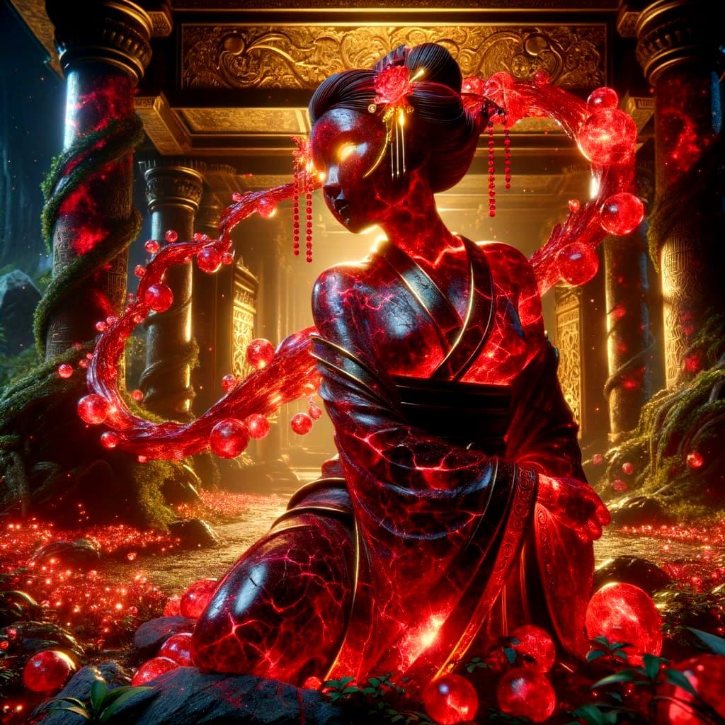 Ruby Geisha Statue in Bioluminescent Temple