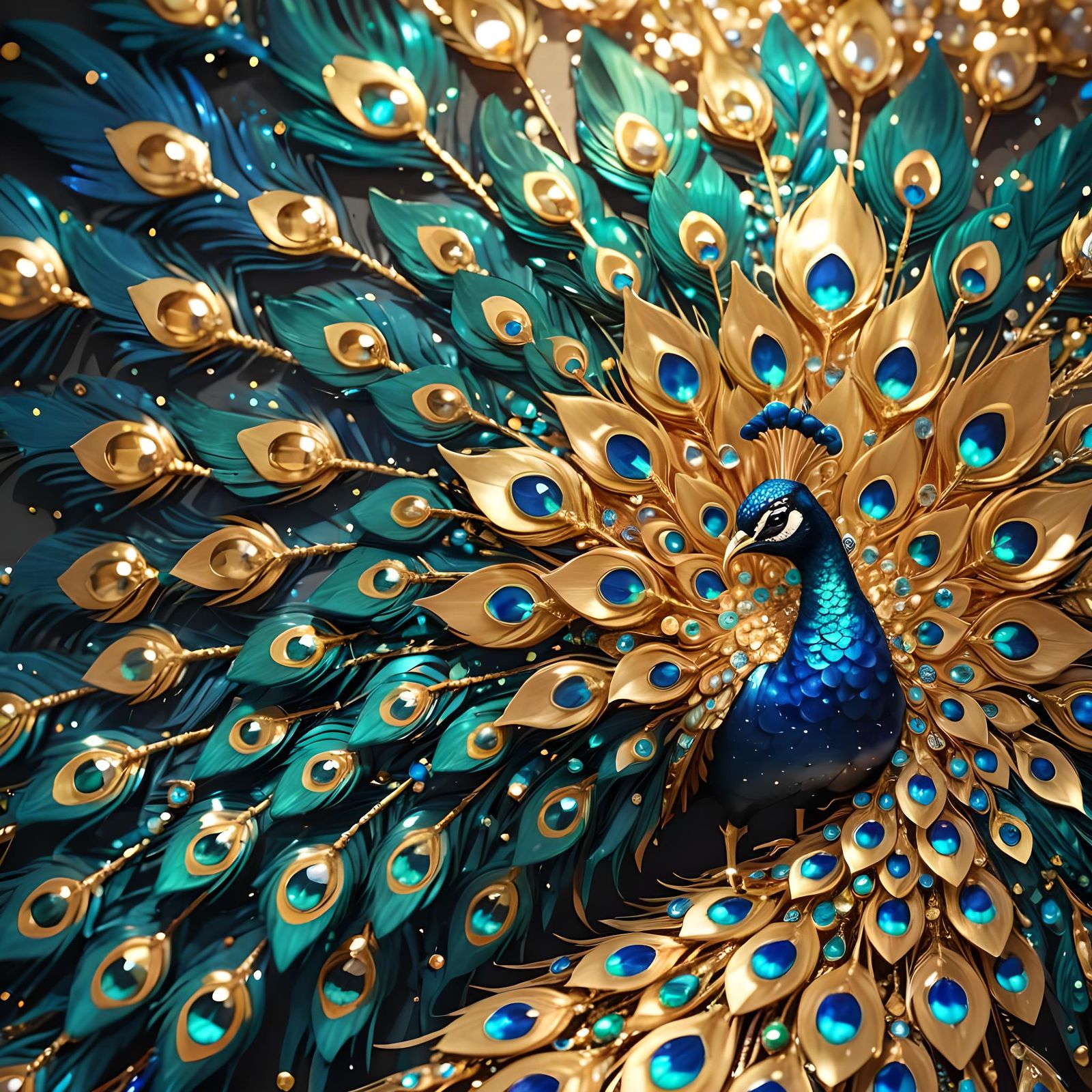 Golden Jeweled Peacock Tail in 3D Anime Art