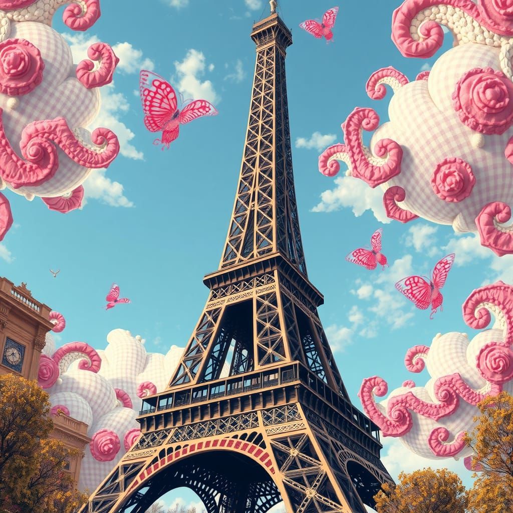 Eiffel Tower in Whimsical Gingham Fantasy Style