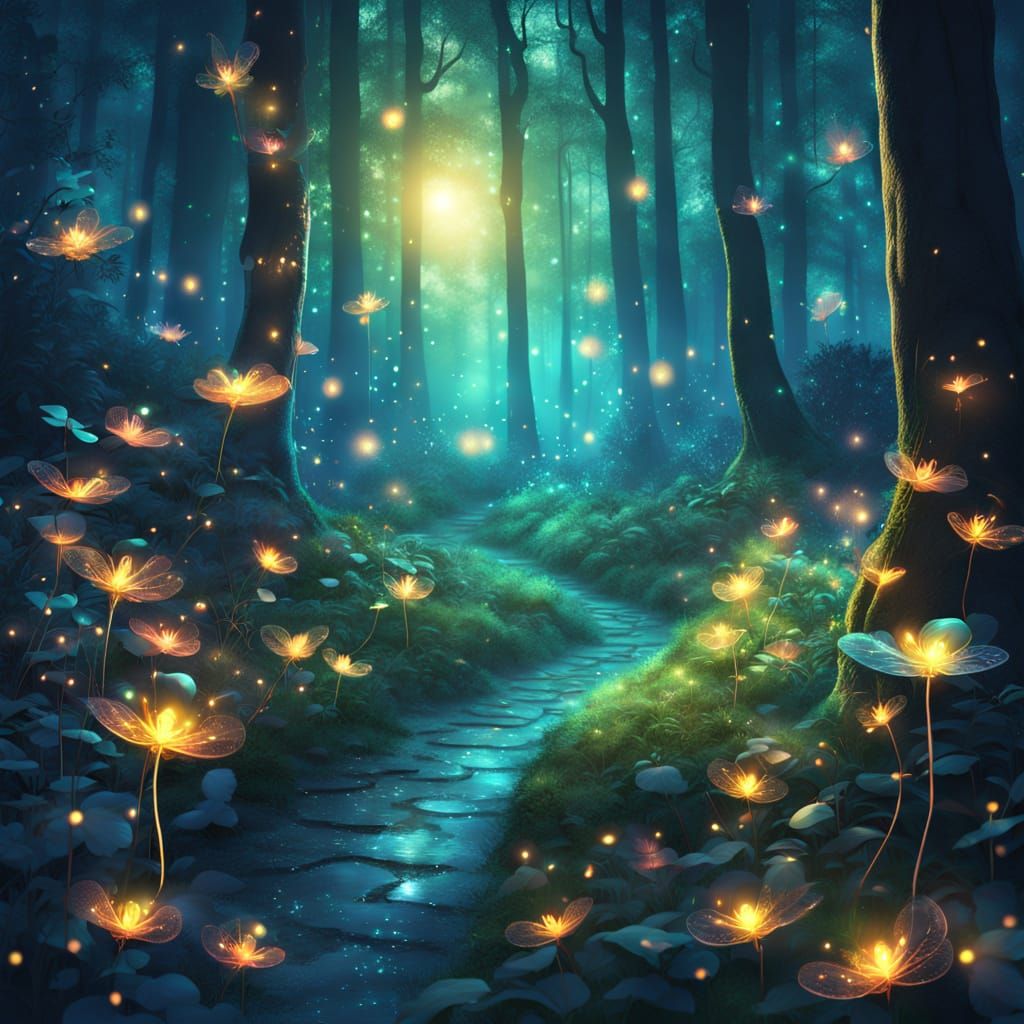Enchanted Moonlit Forest Scene in Whimsical Fantasy Style