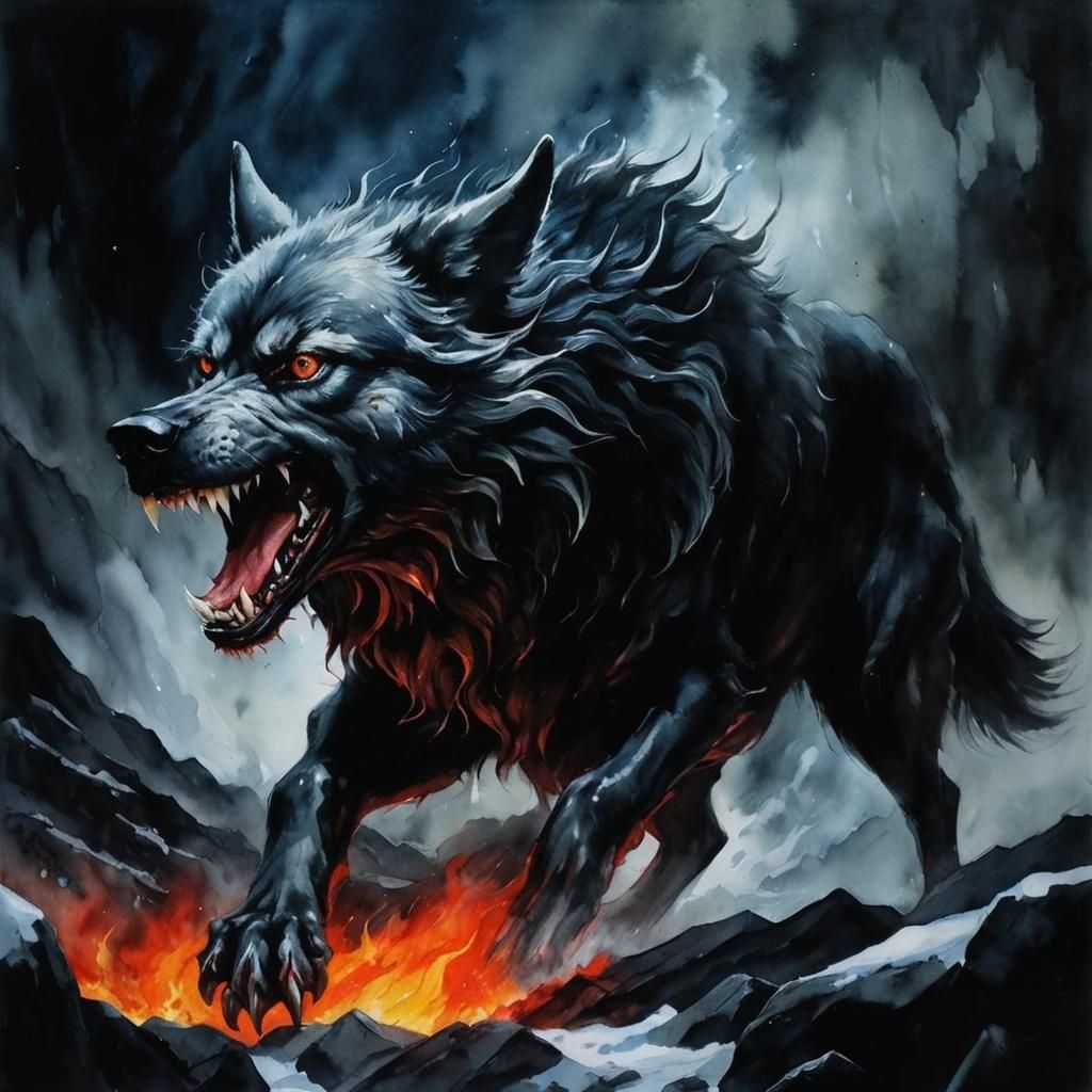 Furious Demon Dog in Hellish Watercolor