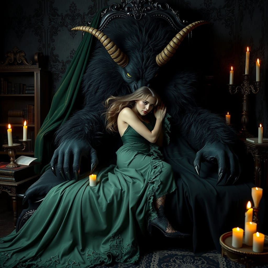 Gothic Dreamscape: Witch and Beast Entwined in Dark, Mystica...