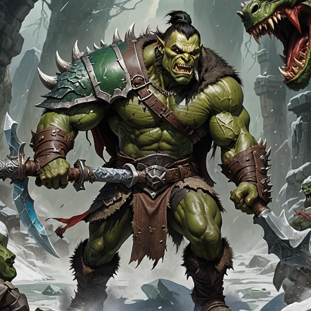 Half-Orc Barbarian with Ice Cannon Arm in Dark Fantasy