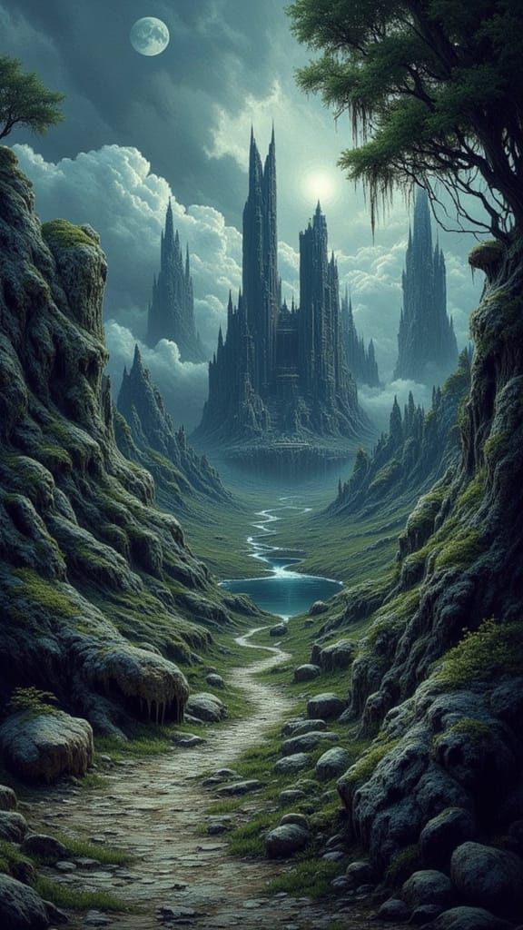 Mystical City Path in Comic Book Art Style