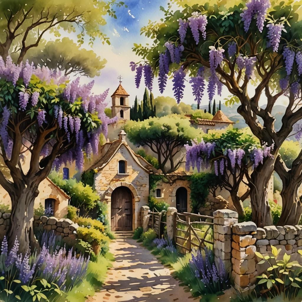Idyllic Trullo with Wisteria in Watercolor Style
