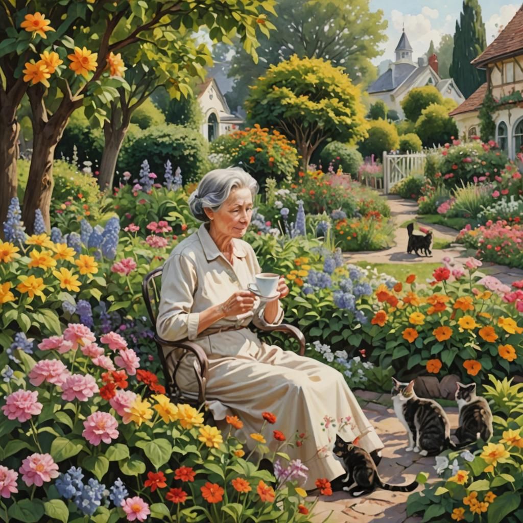 Impressionistic Woman Sipping Coffee with Cats