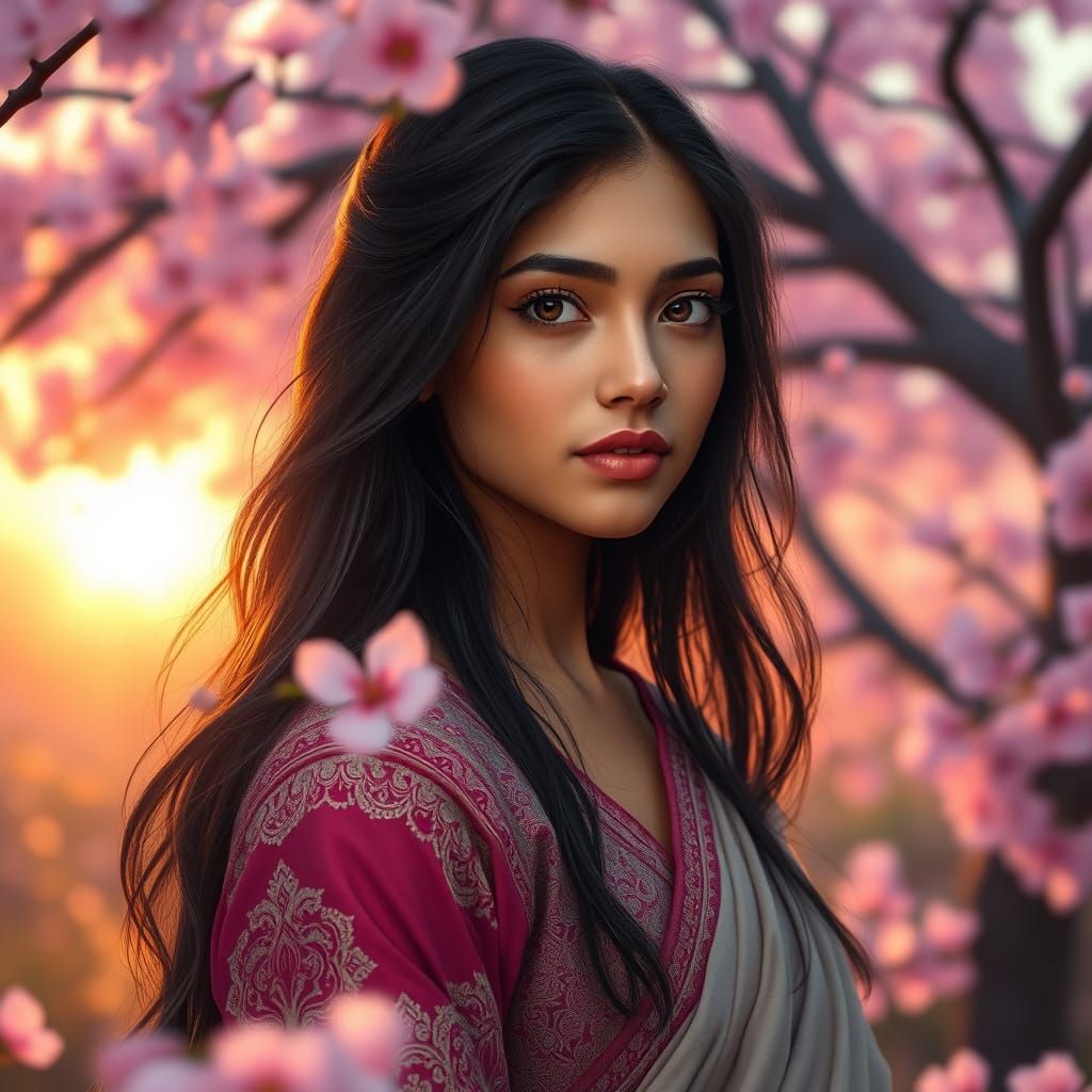 Serenely Standing in a Vibrant Sakura Field in Indian Style