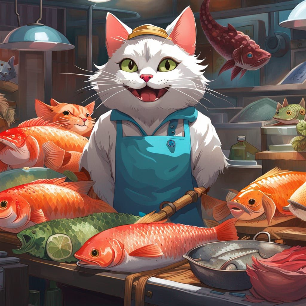 Smiling Fishmonger Cat in Manga Style