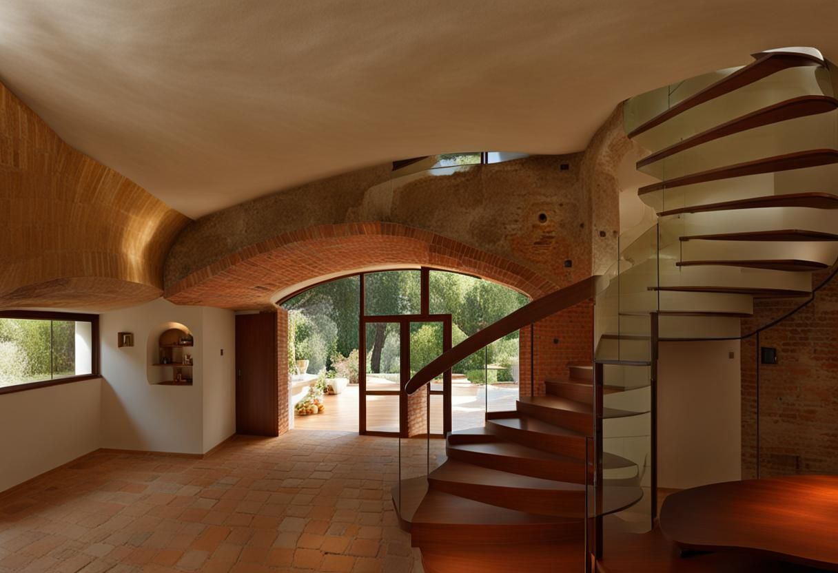 A Modern Living Room with Brick Catalan Vault and Garden Vie...