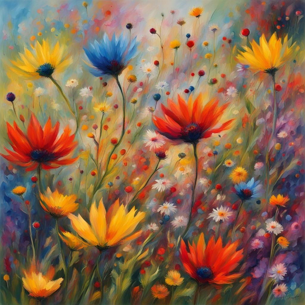 Colorful Flower Meadow in Impressionist-Expressionist Style