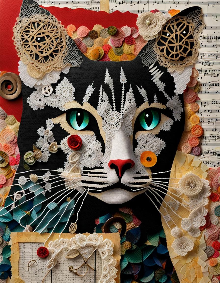 Mixed Media Paper Collage of a Cat