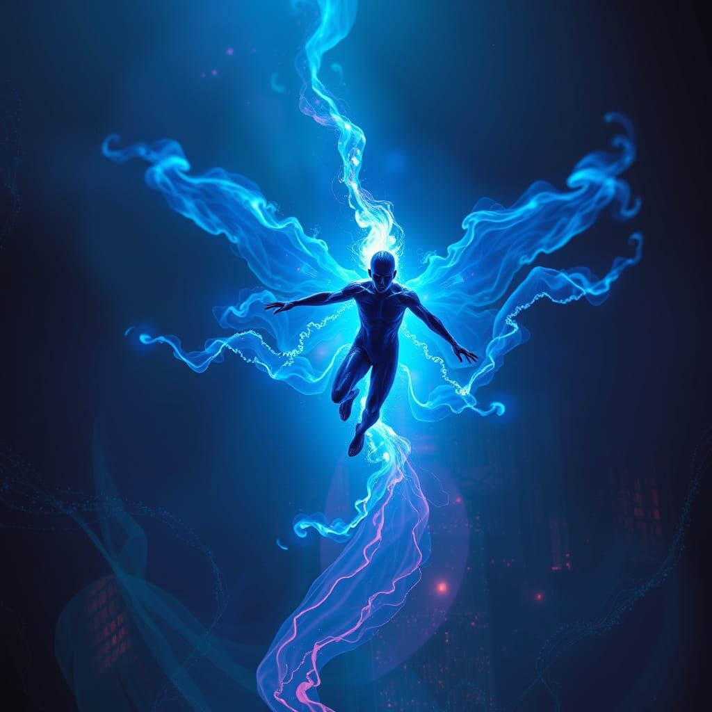 Ethereal Humanoid Soars Through a Mystical Realm in Futurist...