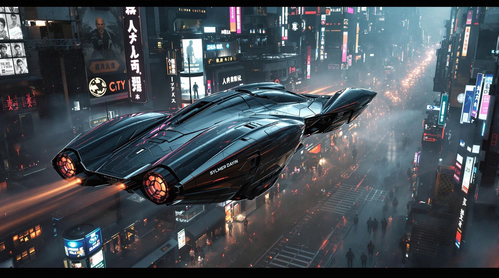 Futuristic Flying Car Over Dystopian Metropolis